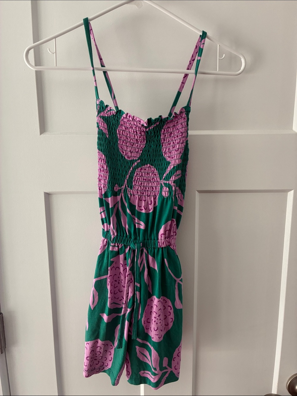 Tea Collection Green and Pink Floral Smocked Romper with pockets
